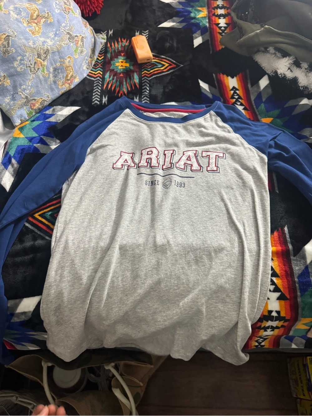Ariat Grey Body with Blue Raglan Long Sleeve Tee